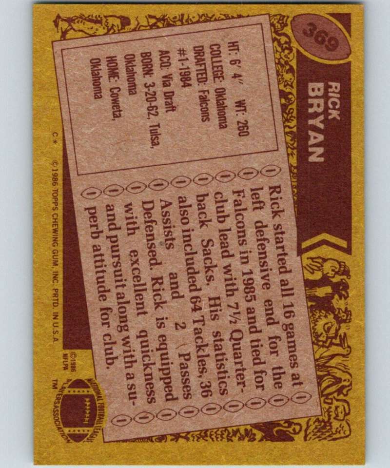 1986 Topps #369 Rick Bryan Falcons NFL Football Image 2