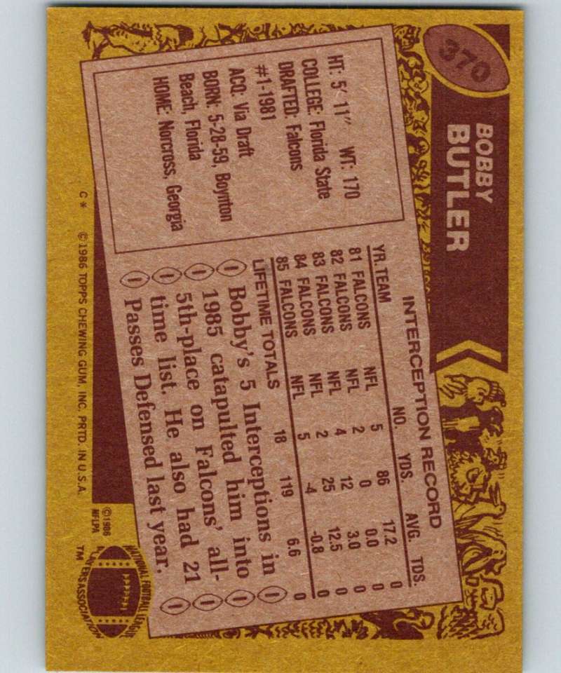 1986 Topps #370 Bobby Butler Falcons NFL Football Image 2