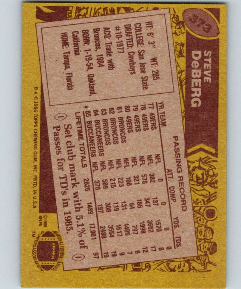 1986 Topps #373 Steve DeBerg Buccaneers NFL Football