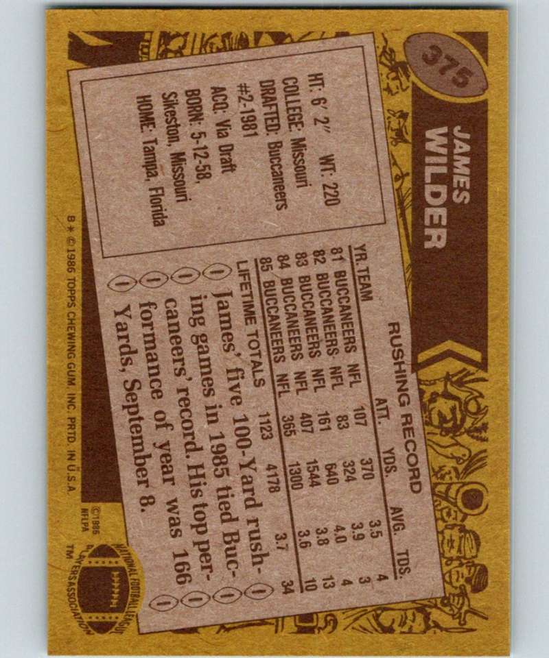 1986 Topps #375 James Wilder Buccaneers NFL Football Image 2