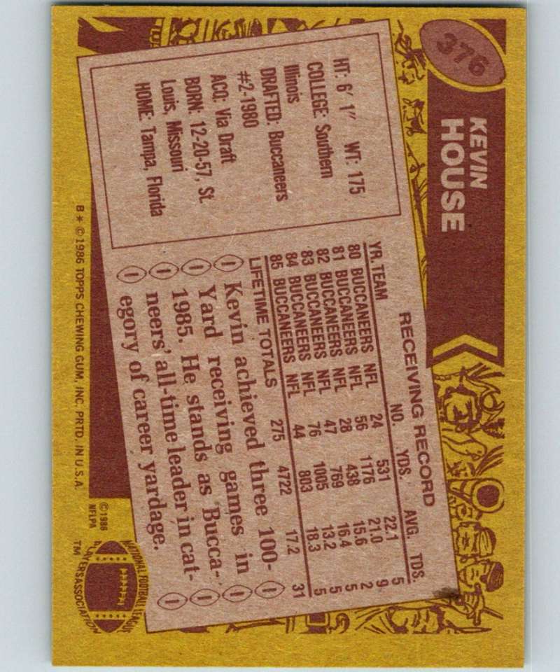 1986 Topps #376 Kevin House Buccaneers NFL Football Image 2