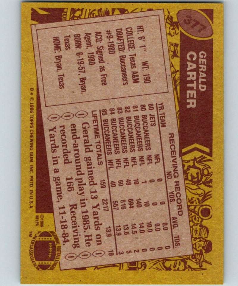 1986 Topps #377 Gerald Carter Buccaneers NFL Football Image 2