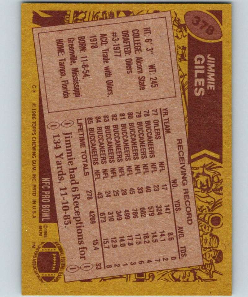 1986 Topps #378 Jimmie Giles Buccaneers NFL Football Image 2