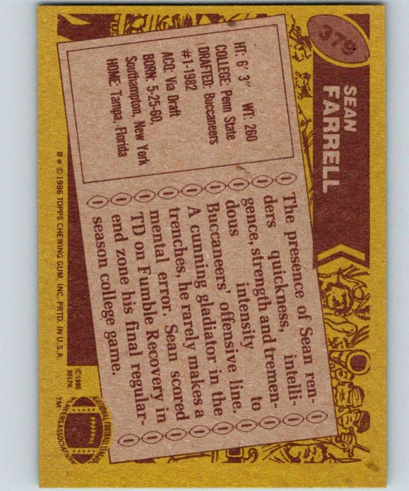 1986 Topps #379 Sean Farrell Buccaneers NFL Football Image 2