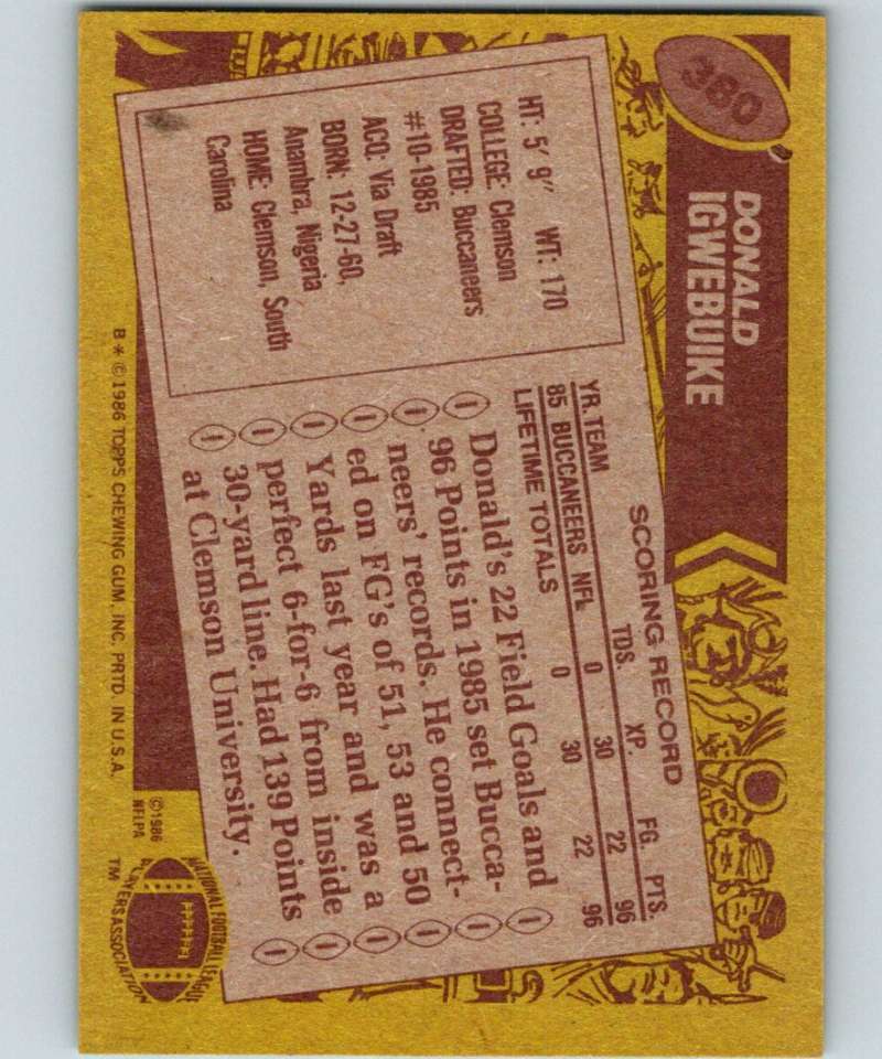 1986 Topps #380 Donald Igwebuike Buccaneers NFL Football Image 2