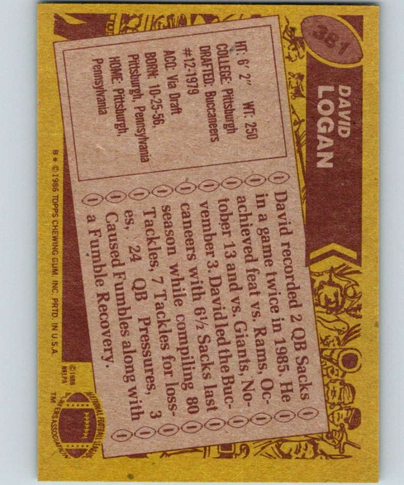 1986 Topps #381 David Logan Buccaneers NFL Football Image 2