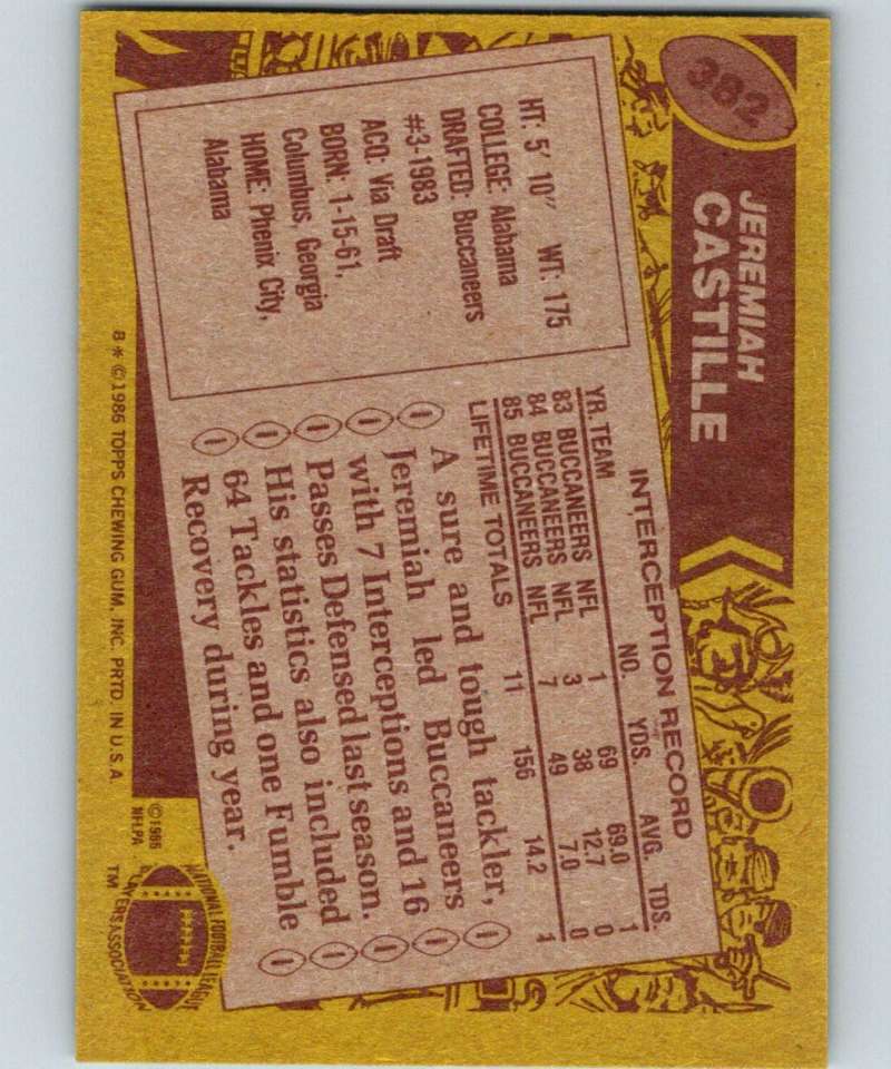 1986 Topps #382 Jeremiah Castille RC Rookie Buccaneers NFL Football
