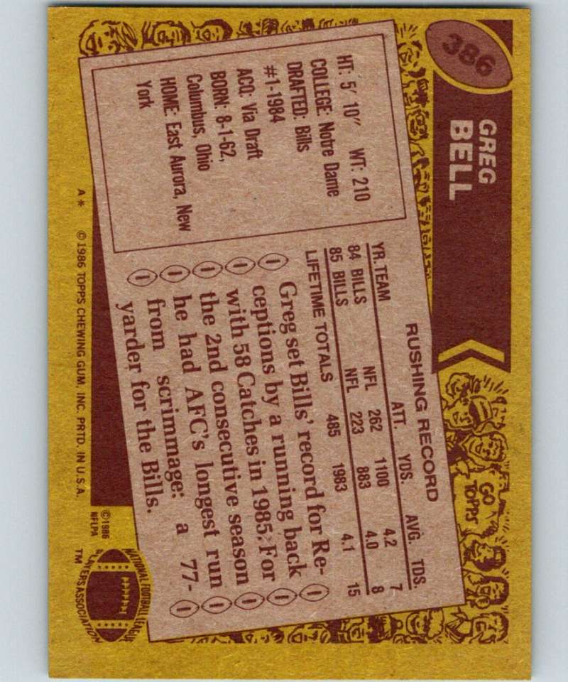 1986 Topps #386 Greg Bell Bills NFL Football