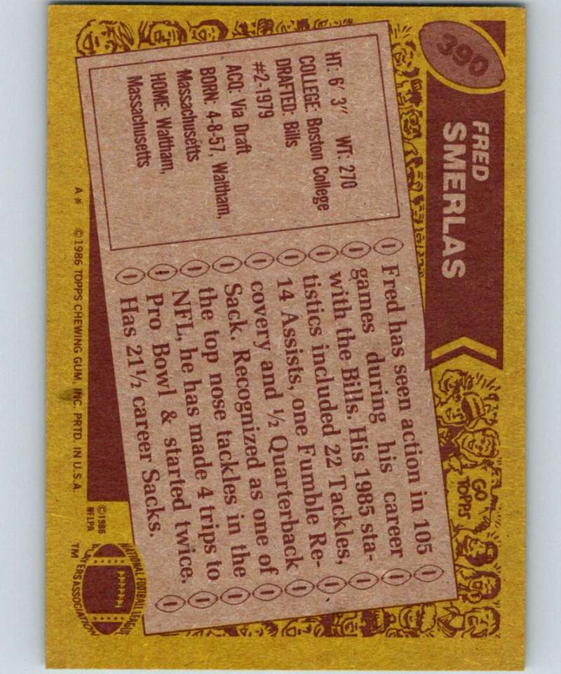 1986 Topps #390 Fred Smerlas Bills NFL Football Image 2