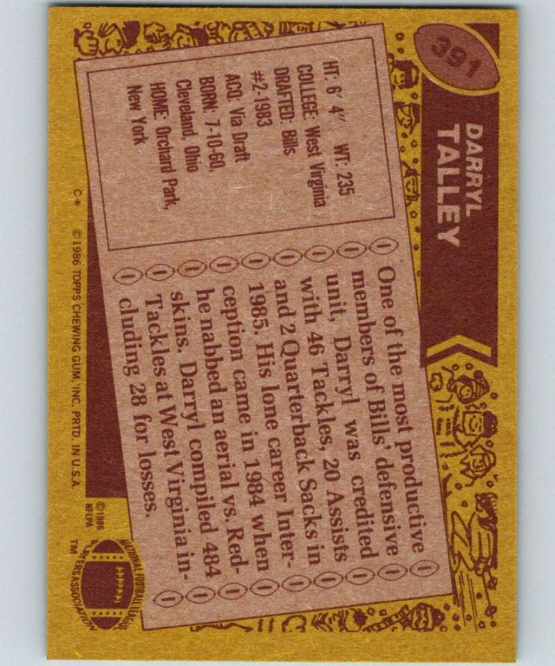 1986 Topps #391 Darryl Talley Bills NFL Football Image 2