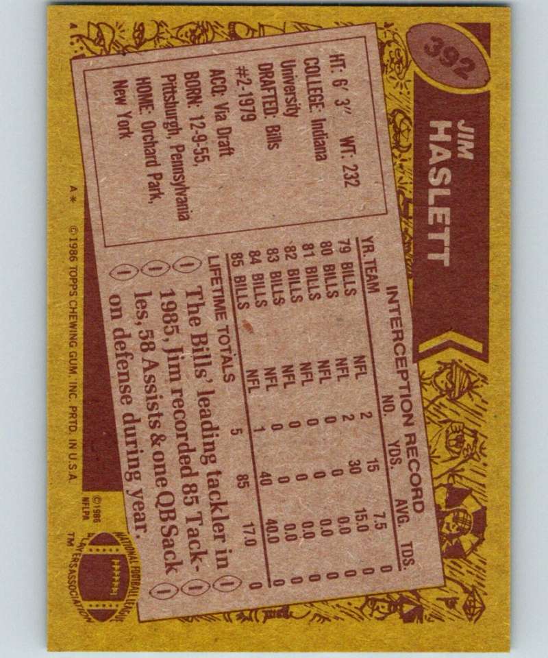 1986 Topps #392 Jim Haslett Bills NFL Football