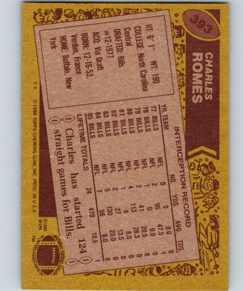 1986 Topps #393 Charles Romes Bills NFL Football Image 2