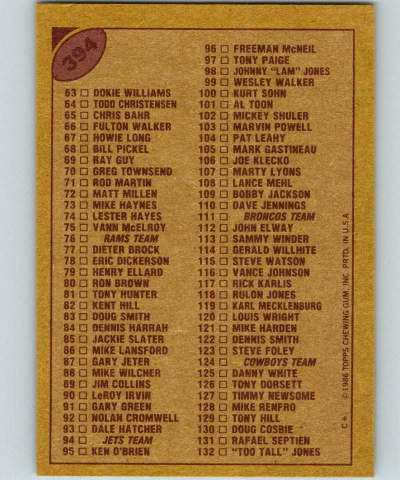 1986 Topps #394 Checklist 1-132 NFL Football