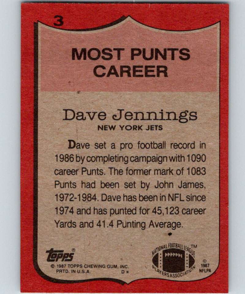 1987 Topps #3 Dave Jennings NY Jets RB NFL Football Image 2