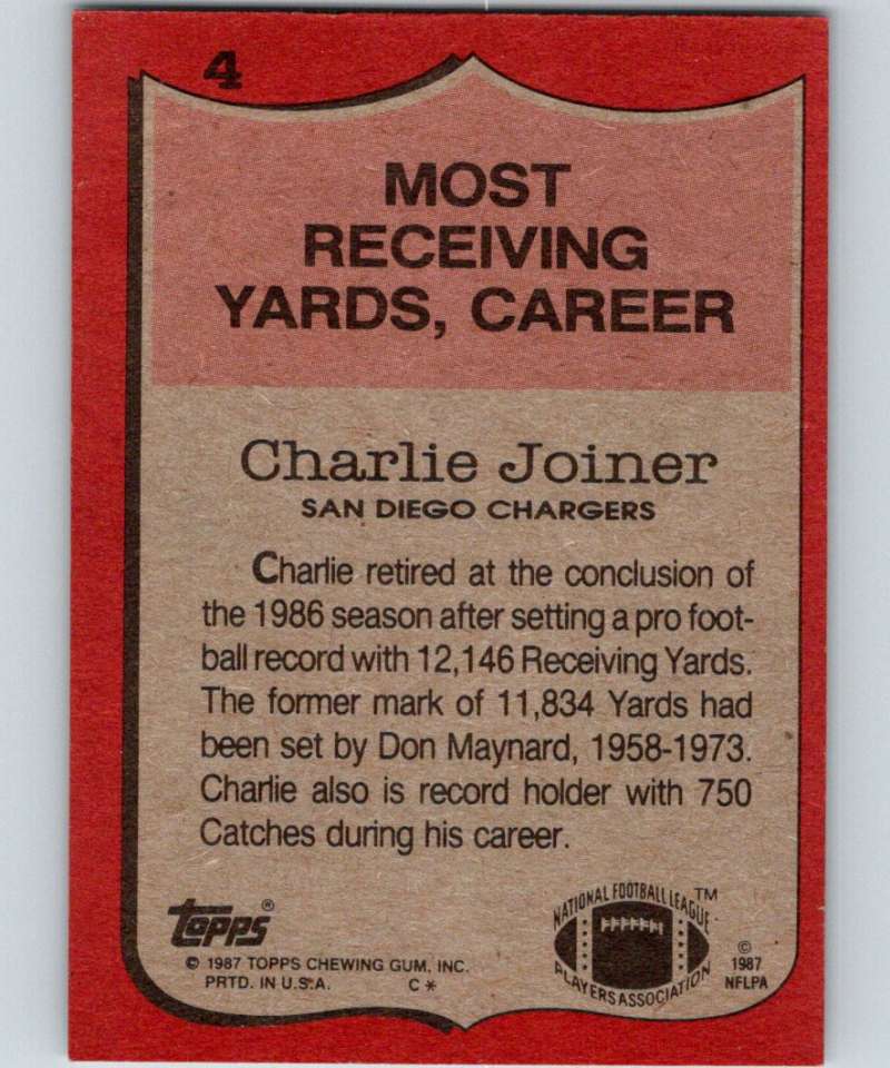 1987 Topps #4 Charlie Joiner Chargers RB NFL Football