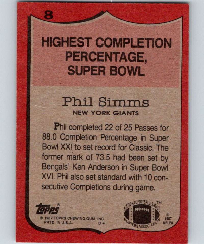 1987 Topps #8 Phil Simms NY Giants RB NFL Football