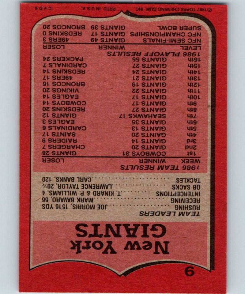 1987 Topps #9 Mark Bavaro NY Giants TL NFL Football Image 2
