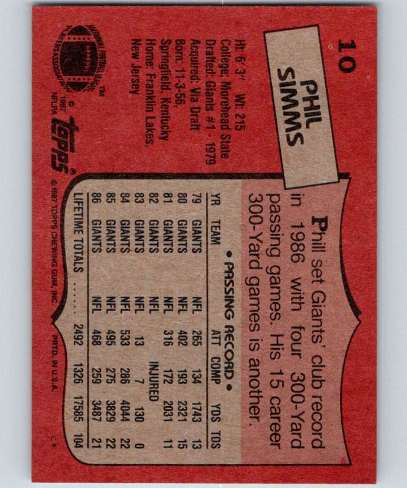 1987 Topps #10 Phil Simms NY Giants NFL Football