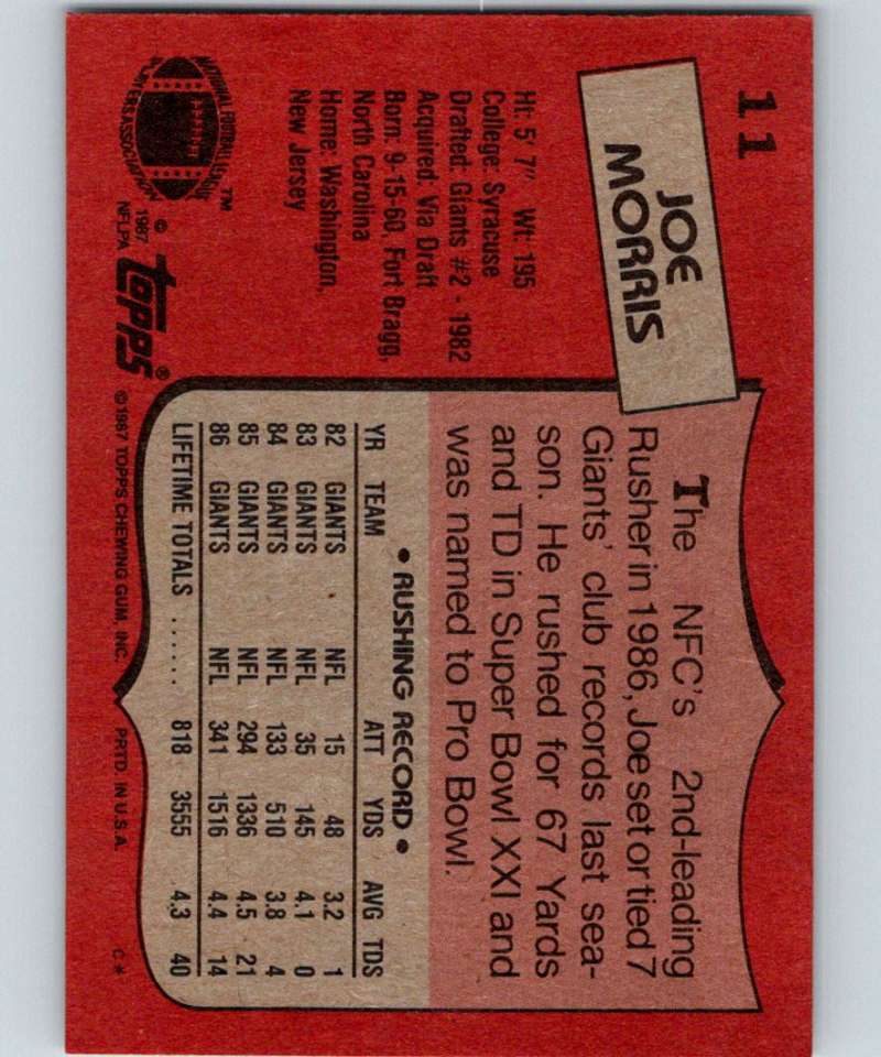 1987 Topps #11 Joe Morris NY Giants NFL Football Image 2