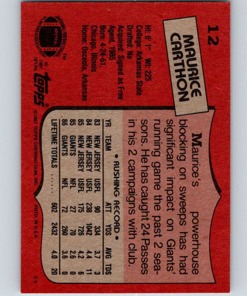 1987 Topps #12 Maurice Carthon RC Rookie NY Giants NFL Football Image 2