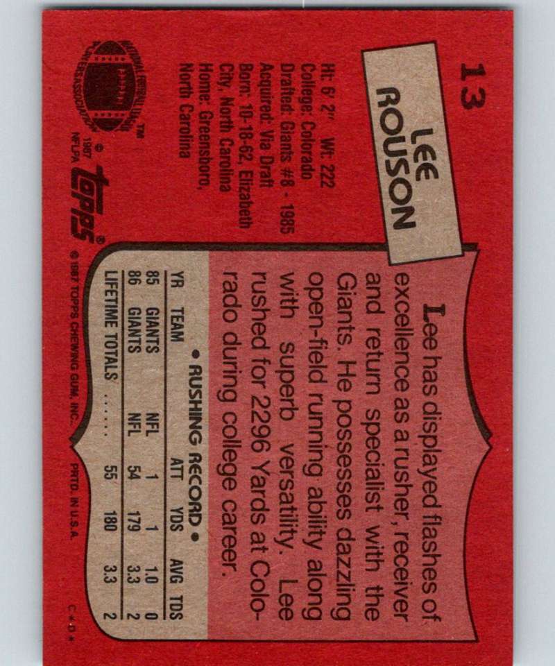 1987 Topps #13 Lee Rouson NY Giants NFL Football Image 2
