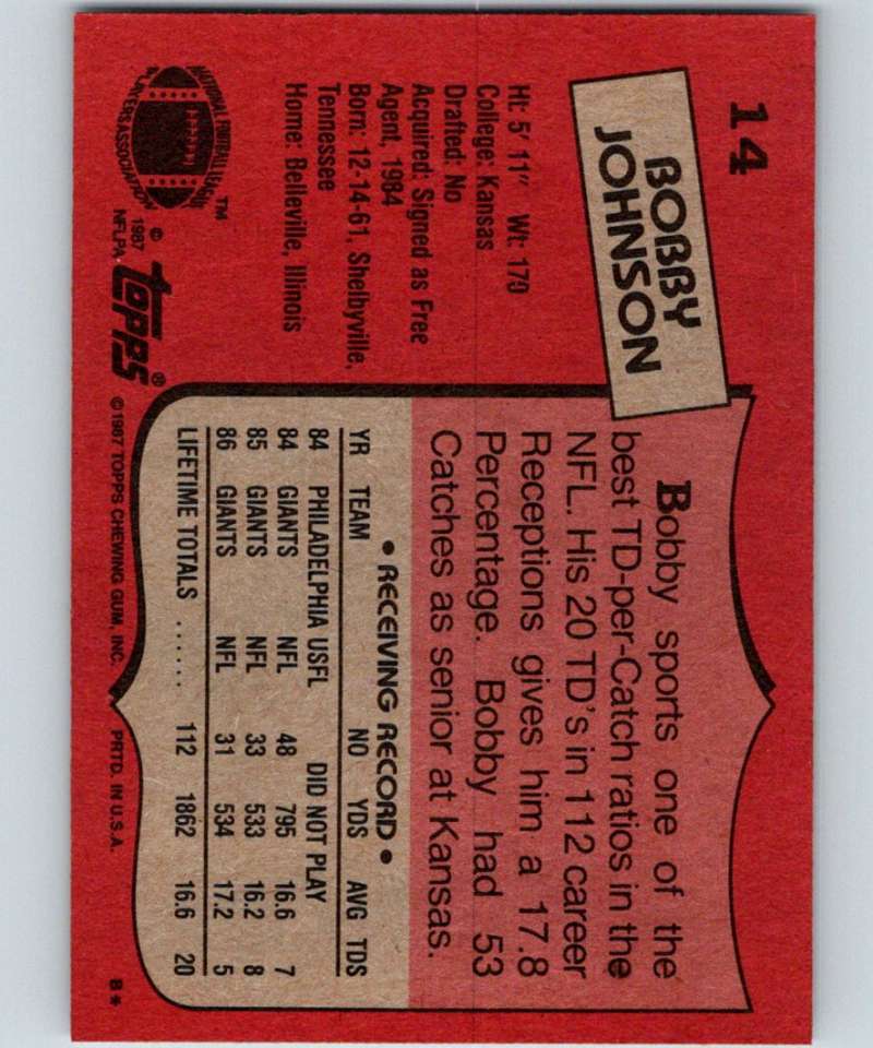 1987 Topps #14 Bobby Johnson NY Giants NFL Football Image 2