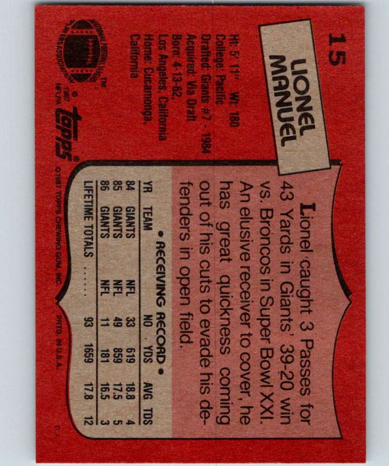 1987 Topps #15 Lionel Manuel NY Giants NFL Football Image 2