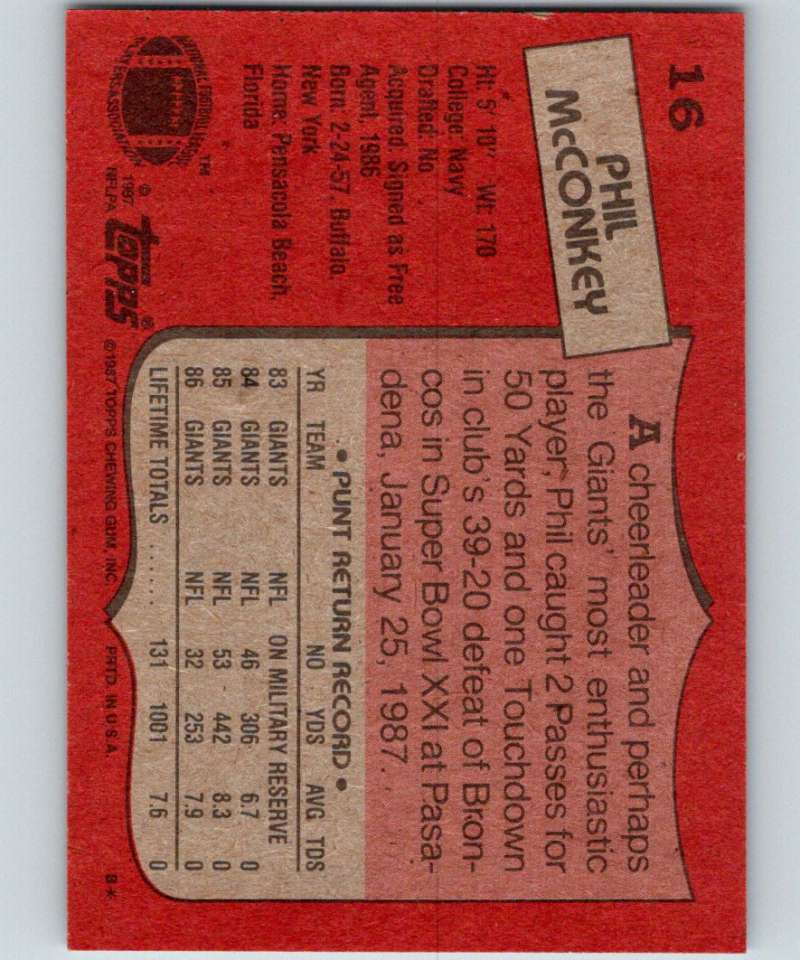 1987 Topps #16 Phil McConkey NY Giants NFL Football