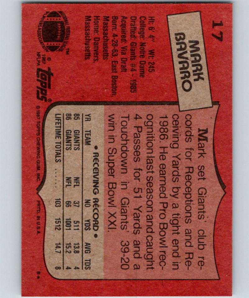 1987 Topps #17 Mark Bavaro NY Giants NFL Football