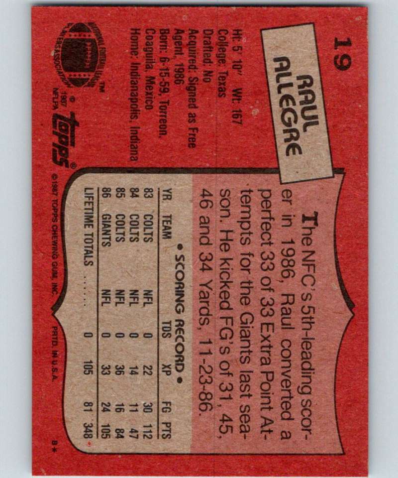 1987 Topps #19 Raul Allegre NY Giants NFL Football Image 2