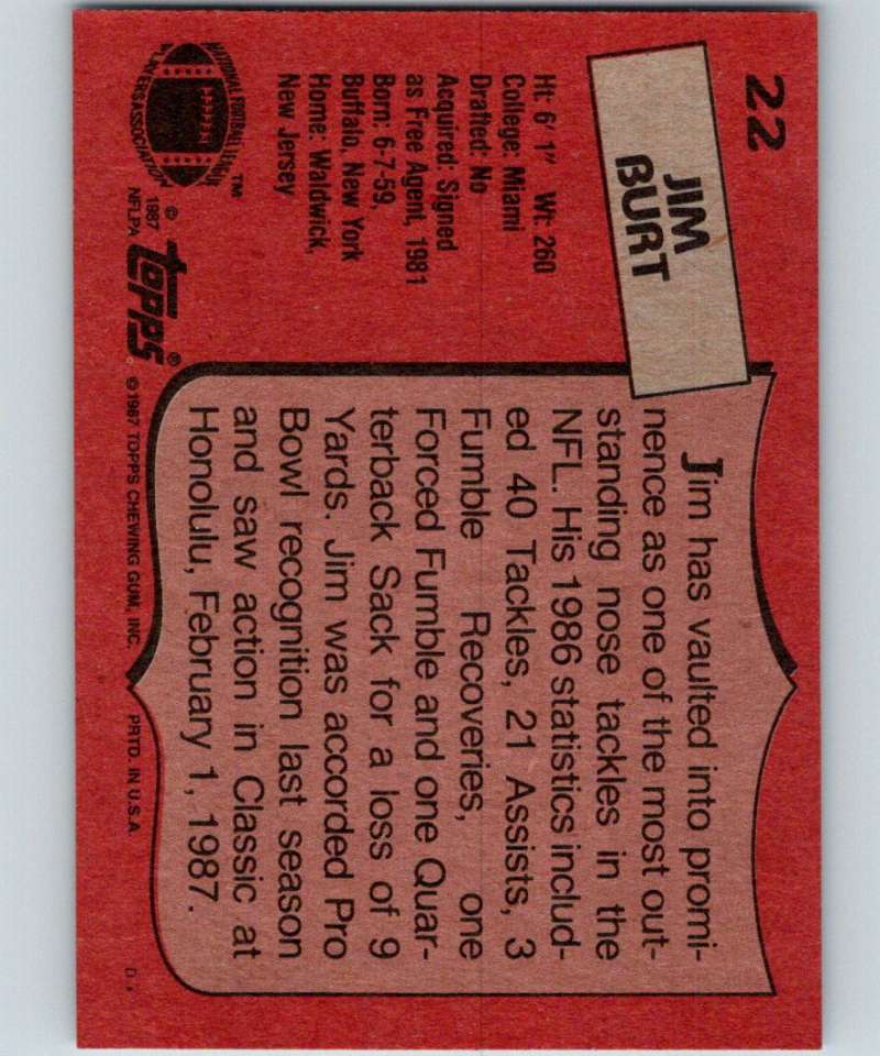 1987 Topps #22 Jim Burt NY Giants NFL Football