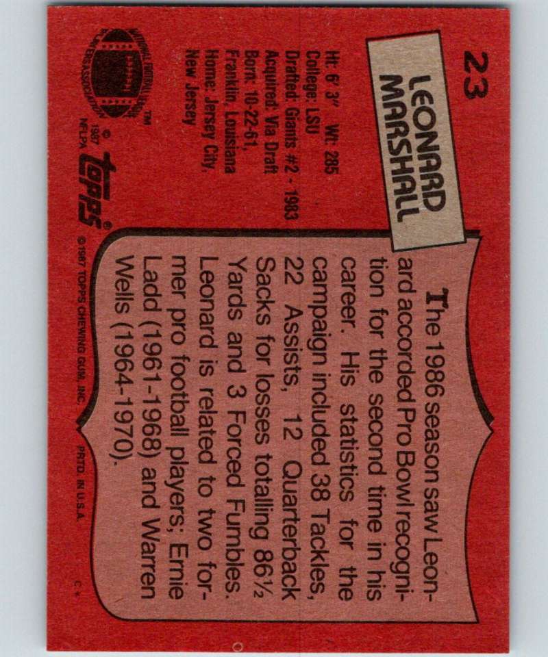 1987 Topps #23 Leonard Marshall NY Giants NFL Football