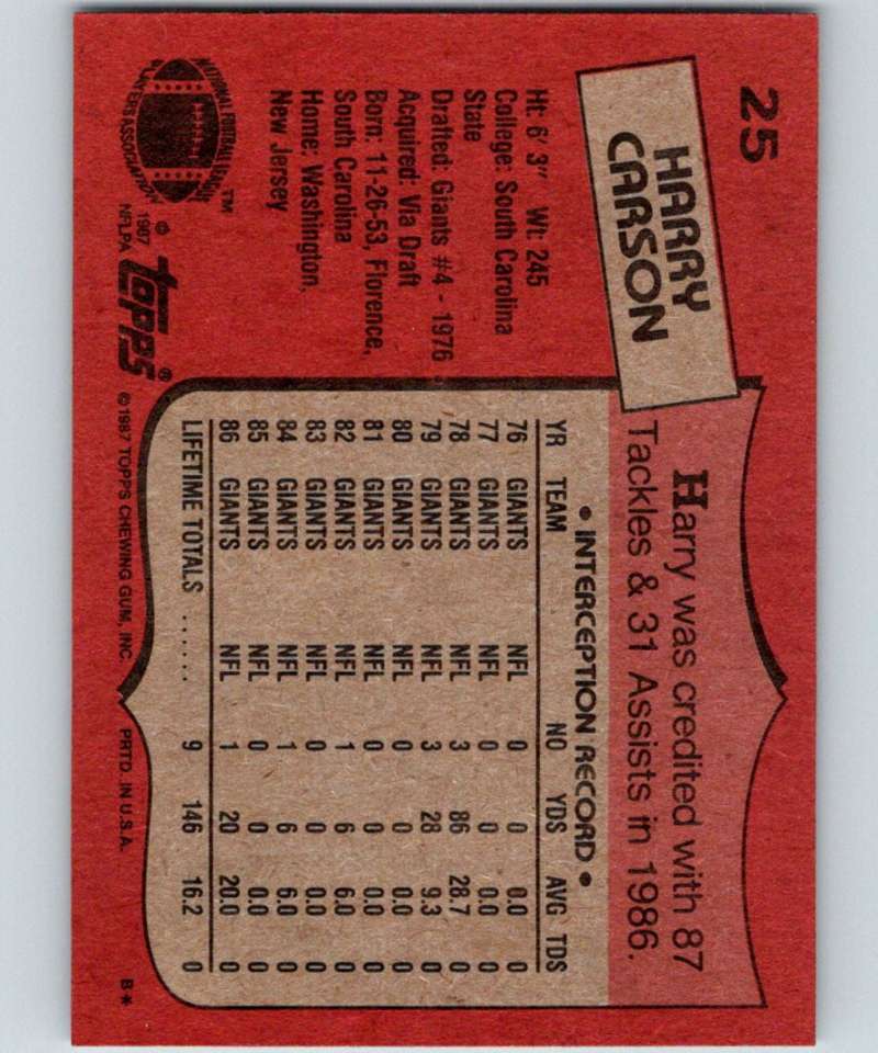 1987 Topps #25 Harry Carson NY Giants NFL Football