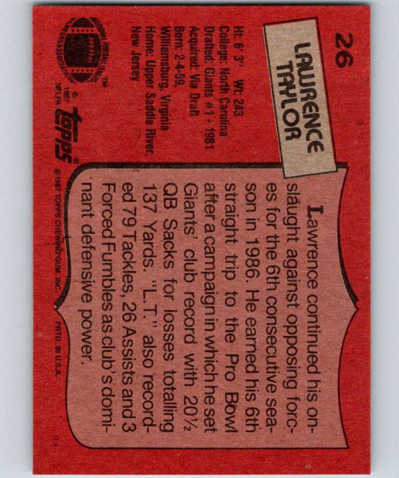 1987 Topps #26 Lawrence Taylor NY Giants NFL Football
