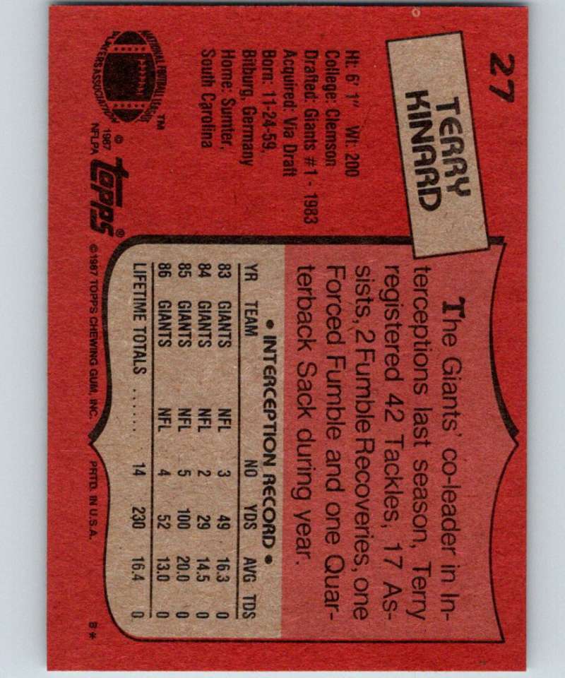 1987 Topps #27 Terry Kinard RC Rookie NY Giants NFL Football Image 2
