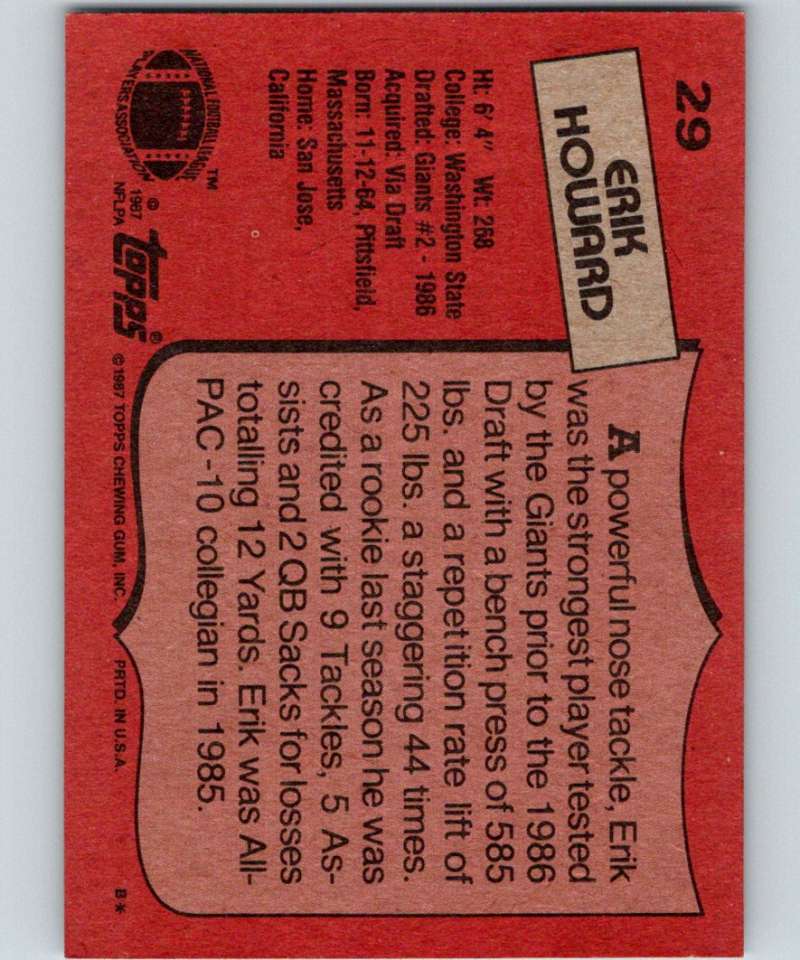 1987 Topps #29 Erik Howard RC Rookie NY Giants NFL Football Image 2