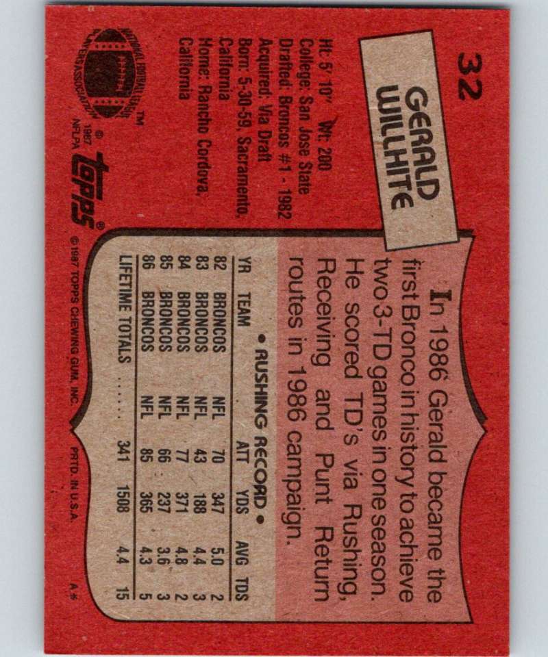1987 Topps #32 Gerald Willhite Broncos NFL Football Image 2