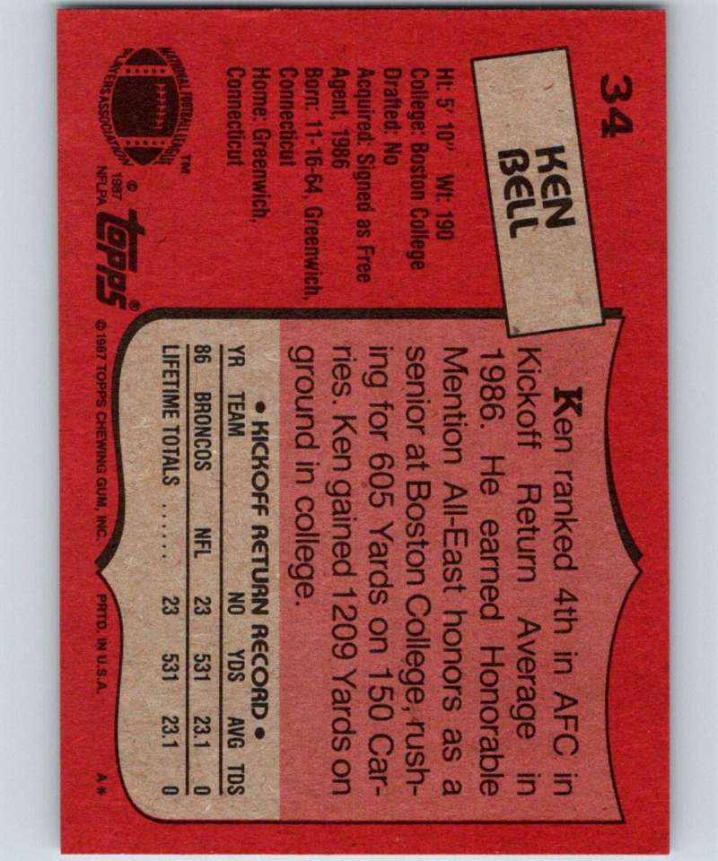 1987 Topps #34 Ken Bell Broncos NFL Football