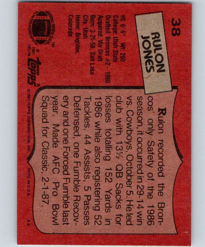 1987 Topps #38 Rulon Jones Broncos NFL Football Image 2