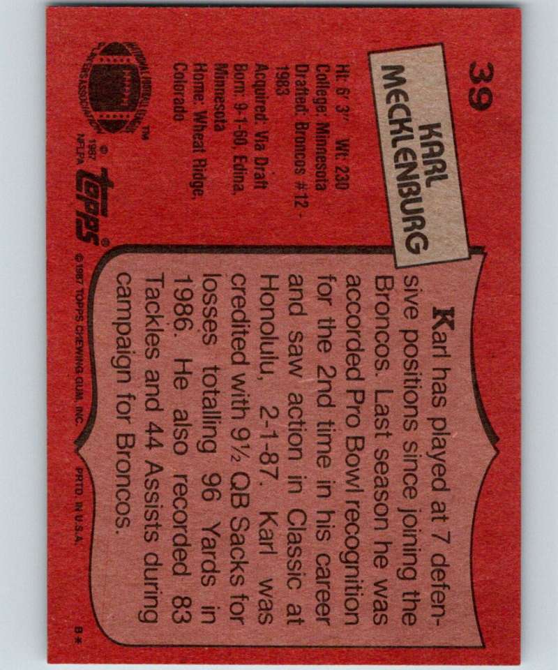 1987 Topps #39 Karl Mecklenburg Broncos NFL Football