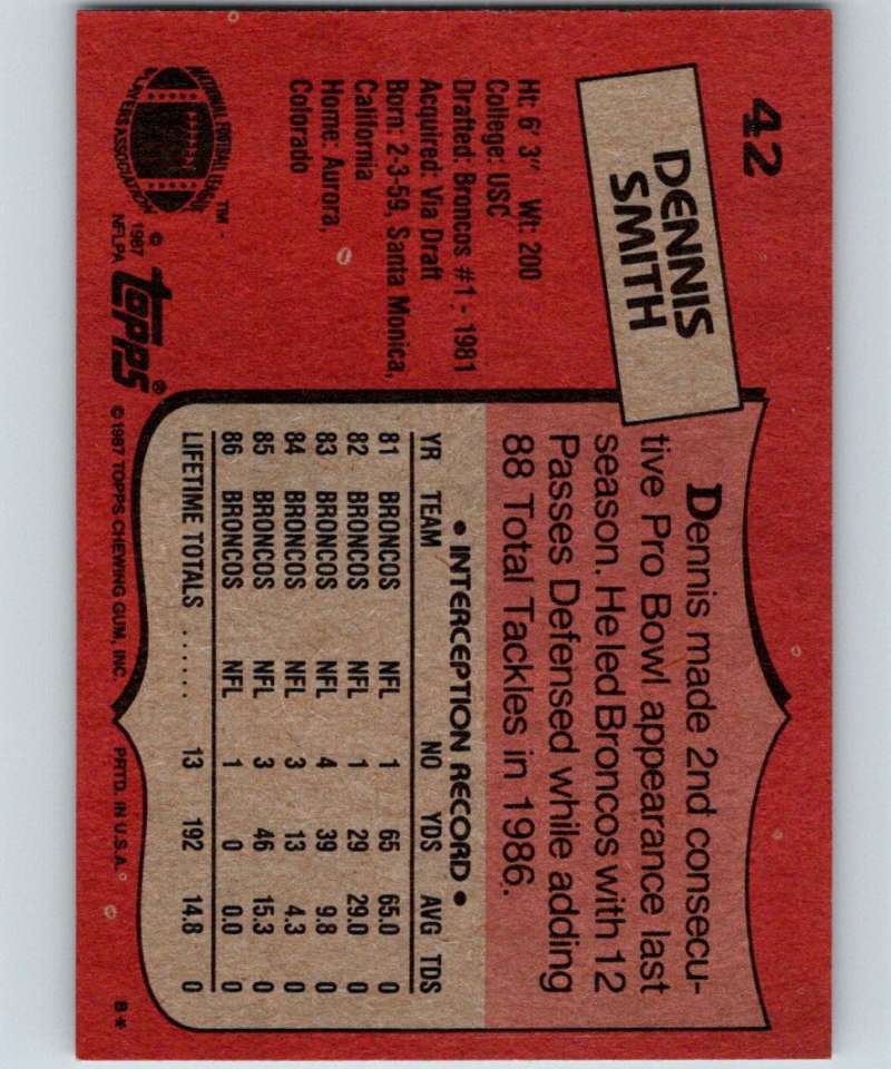 1987 Topps #42 Dennis Smith Broncos NFL Football Image 2