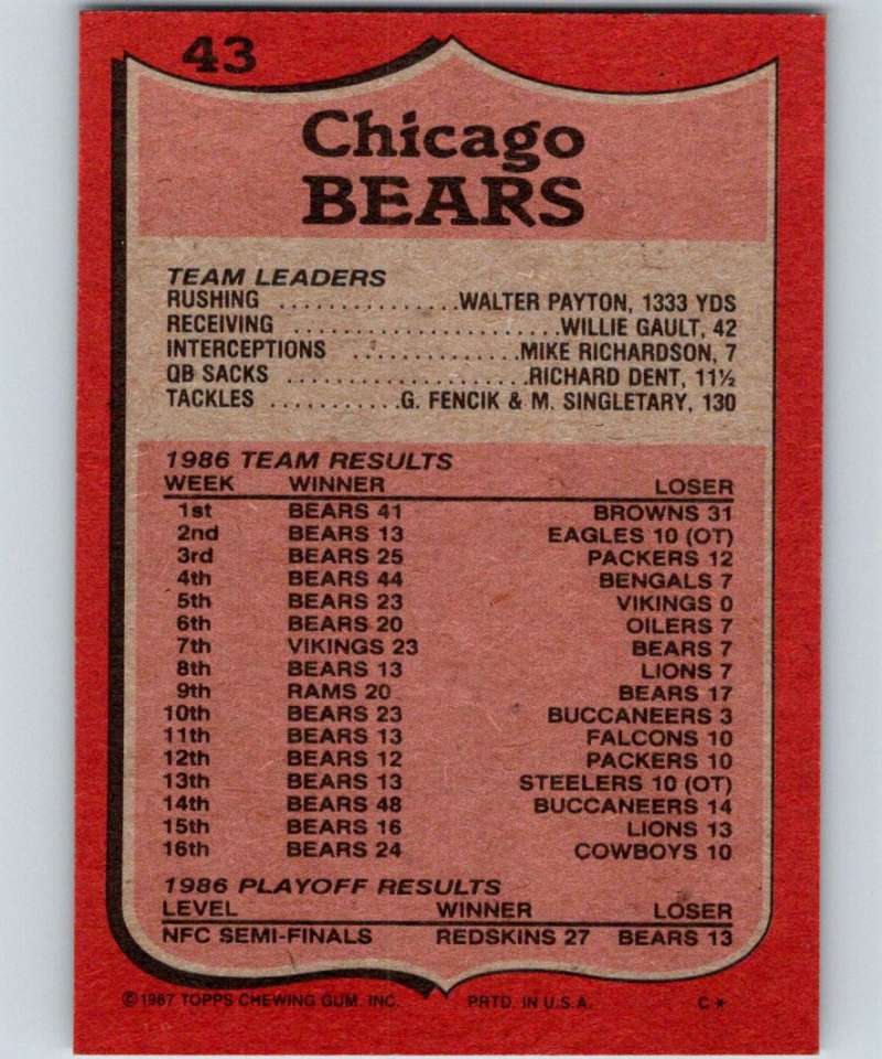 1987 Topps #43 Walter Payton Bears TL NFL Football Image 2