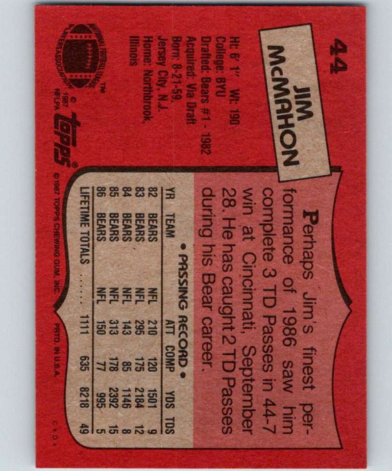 1987 Topps #44 Jim McMahon Bears NFL Football