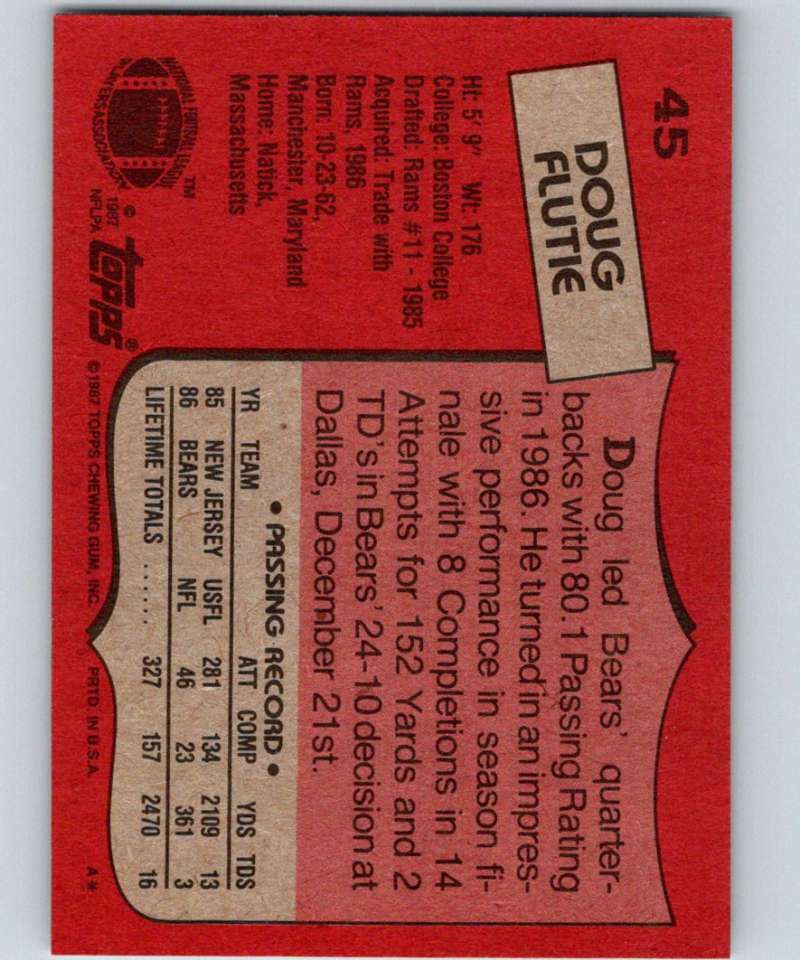 1987 Topps #45 Doug Flutie RC Rookie Bears NFL Football