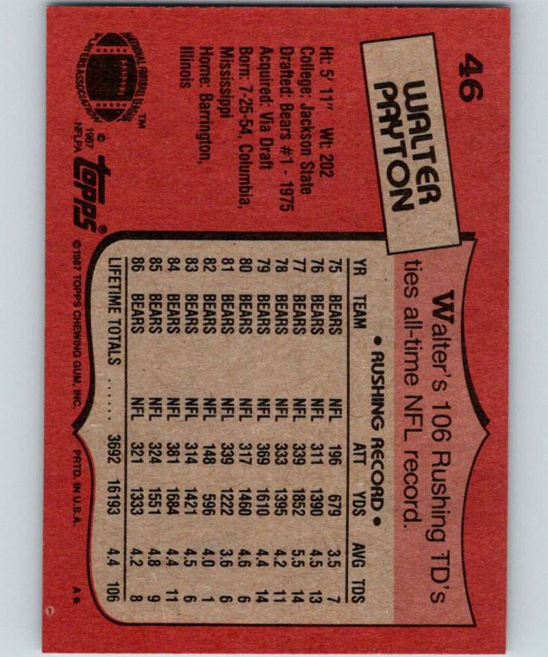 1987 Topps #46 Walter Payton Bears NFL Football