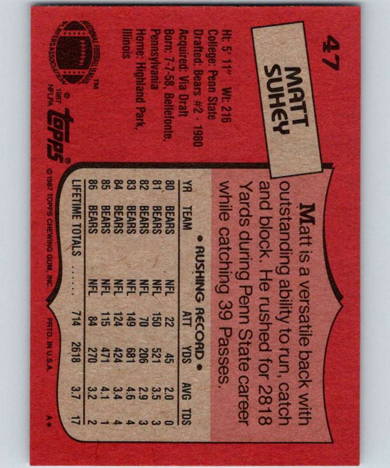 1987 Topps #47 Matt Suhey Bears NFL Football Image 2