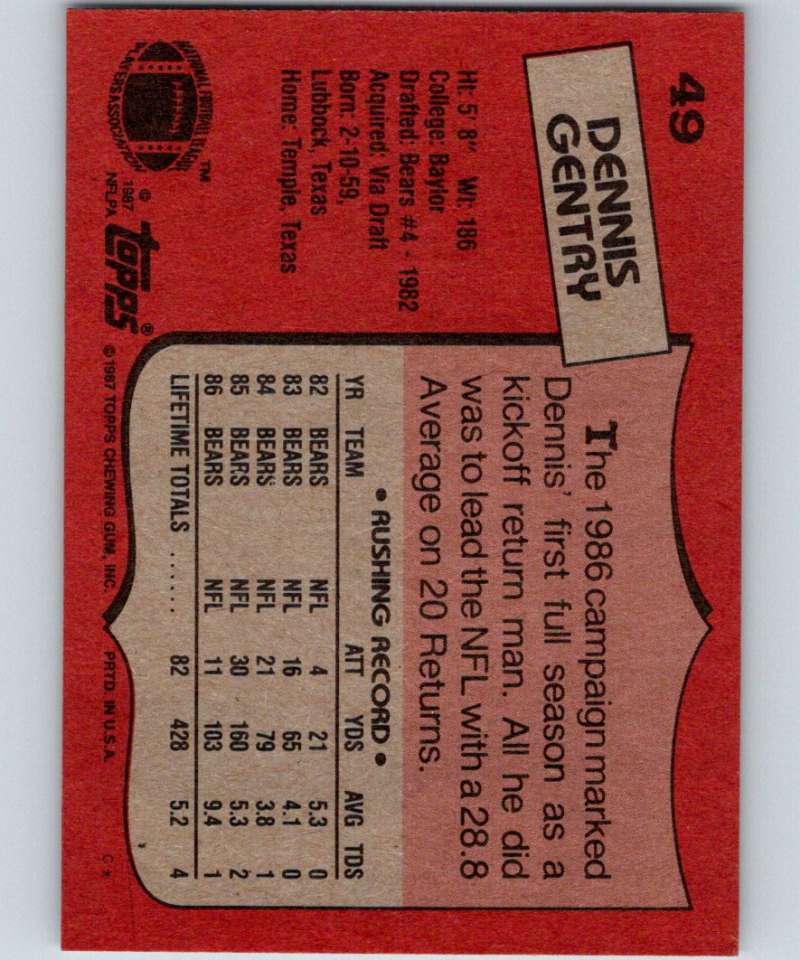 1987 Topps #49 Dennis Gentry RC Rookie Bears NFL Football Image 2