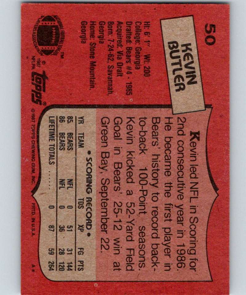 1987 Topps #50 Kevin Butler Bears NFL Football