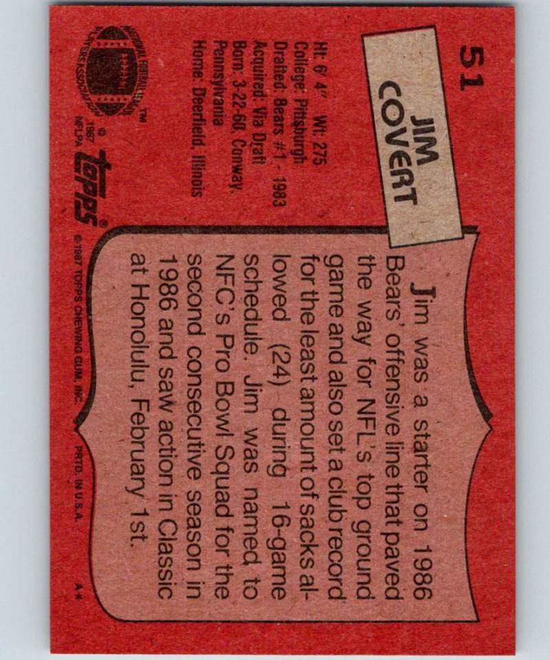 1987 Topps #51 Jim Covert Bears NFL Football Image 2