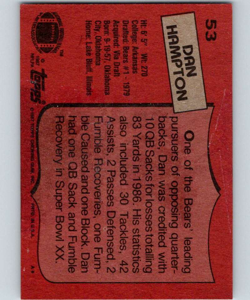 1987 Topps #53 Dan Hampton Bears NFL Football Image 2